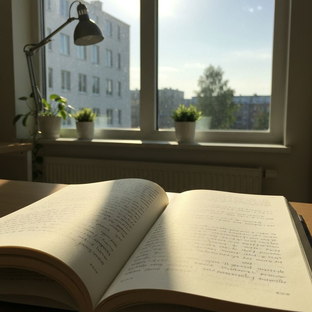Open book with handwritten notes and natural light streaming across pages symbolizing learning and reflection