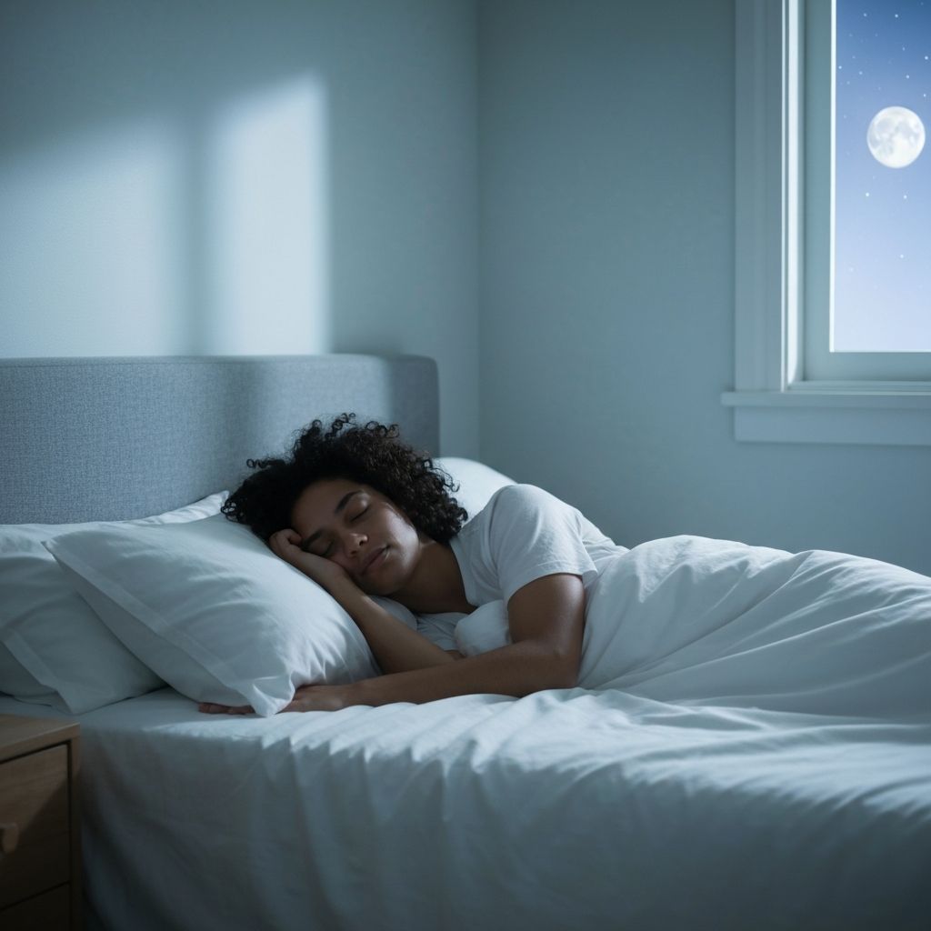 Person peacefully sleeping in clean white bedding in a calm bedroom